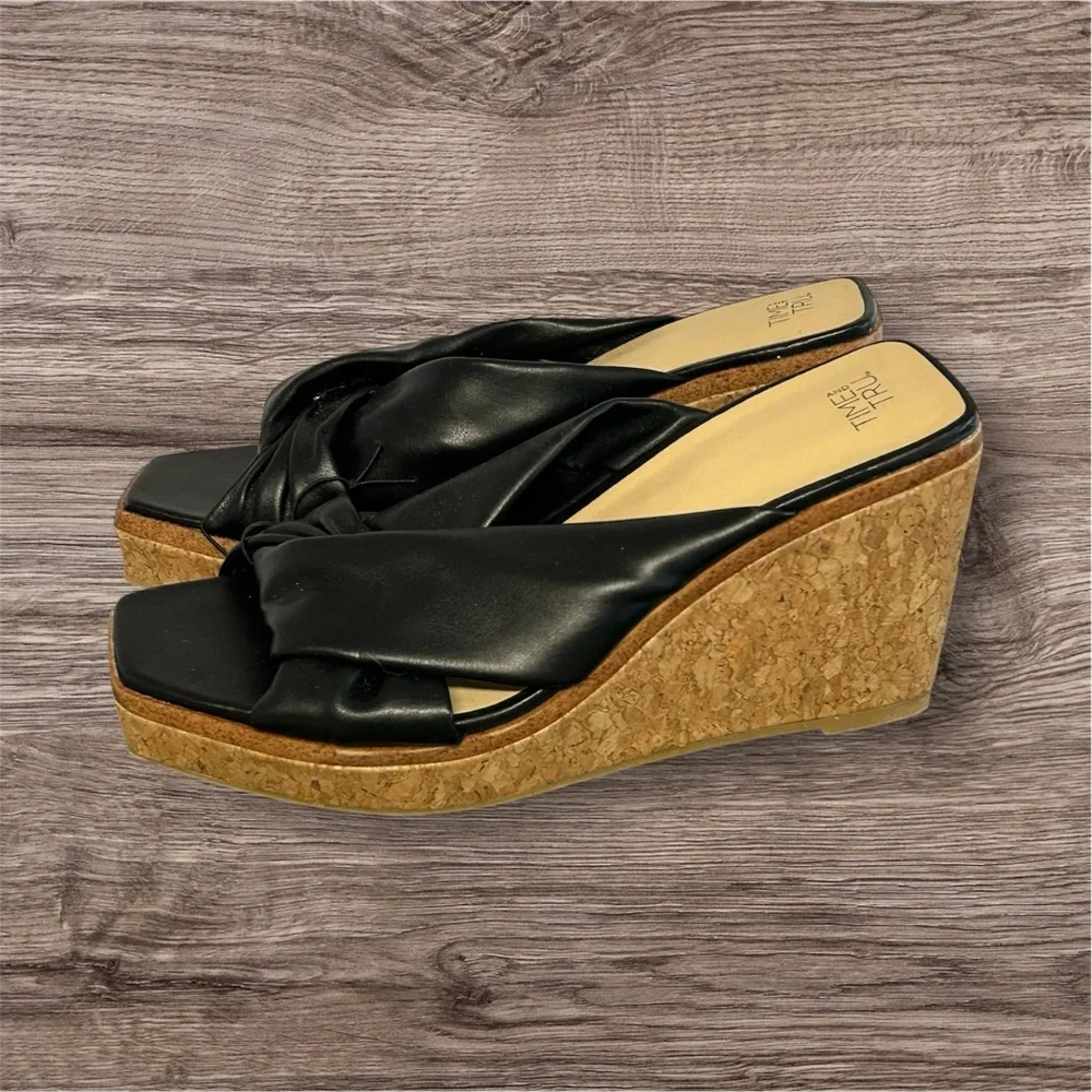 Time and Tru black square too platform cork wedge sandals womens 6 NEW